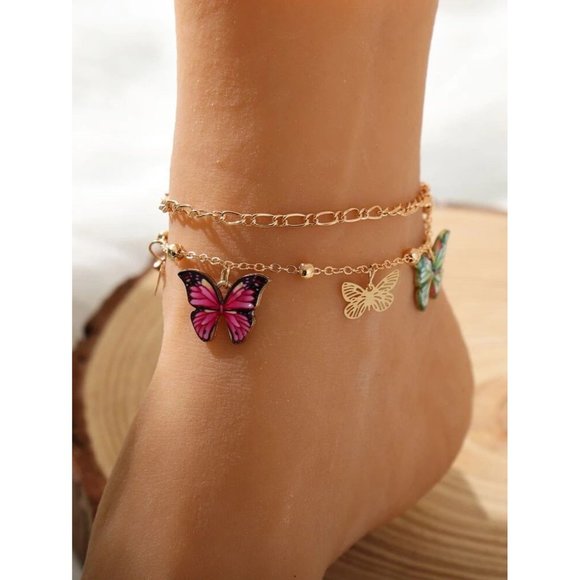 Butterfly Charm Layered Anklet - Picture 1 of 4